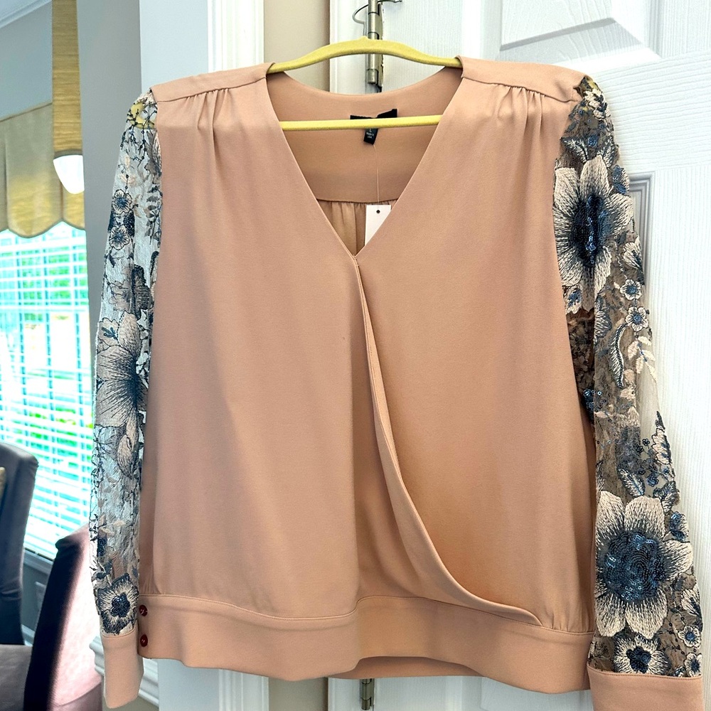 Drew Blouse with sheer sleeves and flower detailing